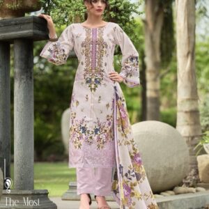 Hive Arts white and pink floral printed trendy Pakistani meterial