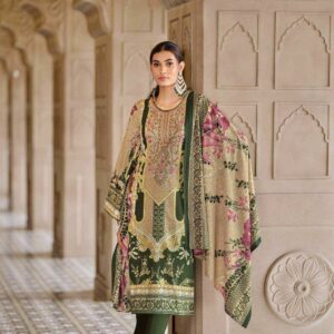 HIVE ARTS women green coloured Pakistani cotton semisuit with golden shade and floral print