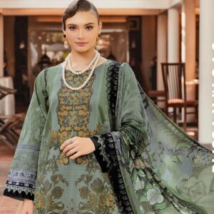 Hive Art mehandi green Pakistani semilawn with chiffon shawl
