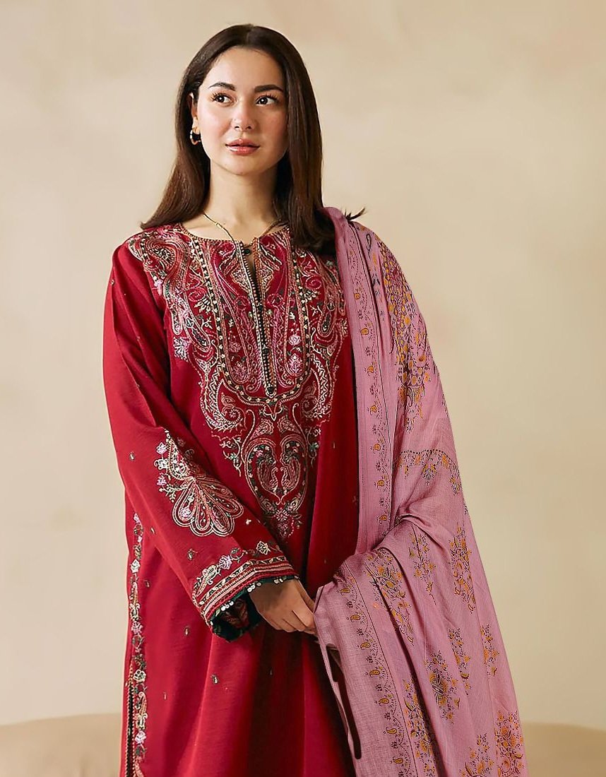 Hive Art premium Red Pakistani lawn with simply printed duppatta