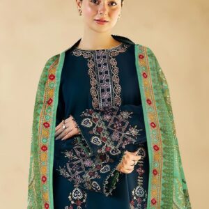 Hive Art Navy blue Pakistani semilawn with pastel green printed shawl