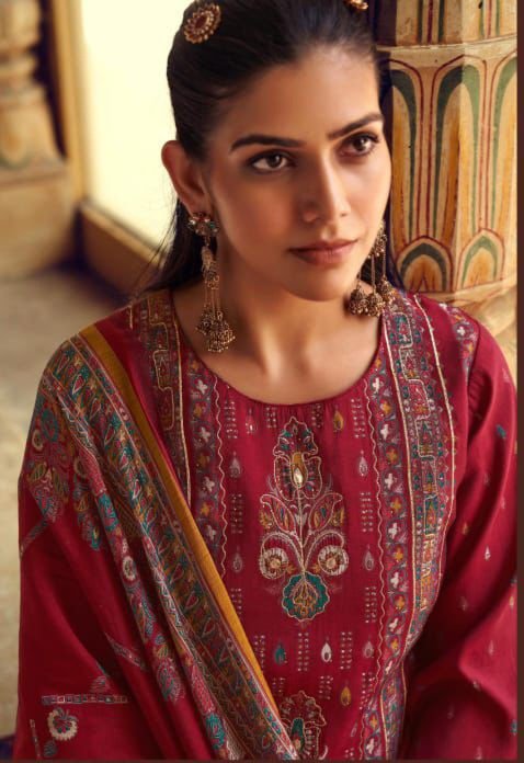 Hive Art red printed Pakistani semilawn - Image 2