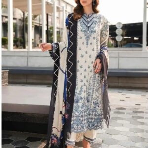 Hive Art white and blue printed Pakistani lawn with printed shawl