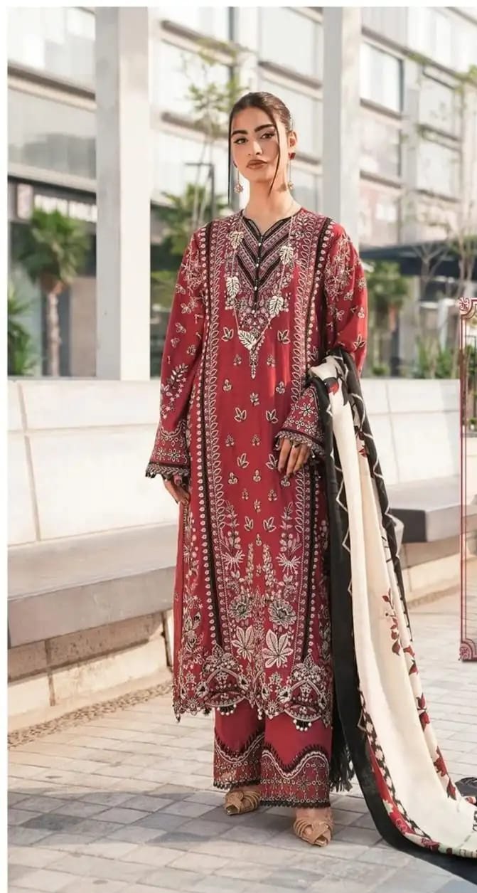 Hive Art red printed Pakistani semilawn