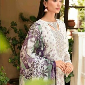 Hive Art white pakistani semilawn with green and lavender printed duppatta
