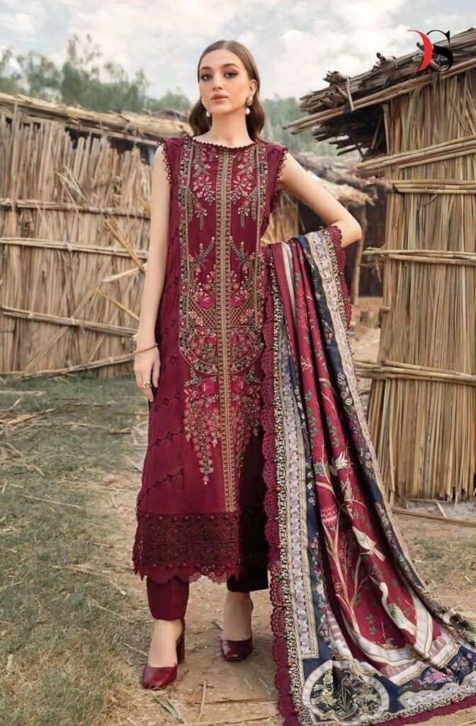 Hive Art red semilawn with printed duppatta