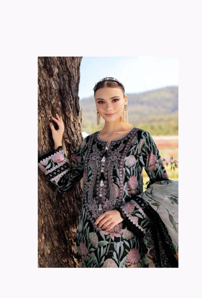 Hive Art black floral printed pakistani semilawn
